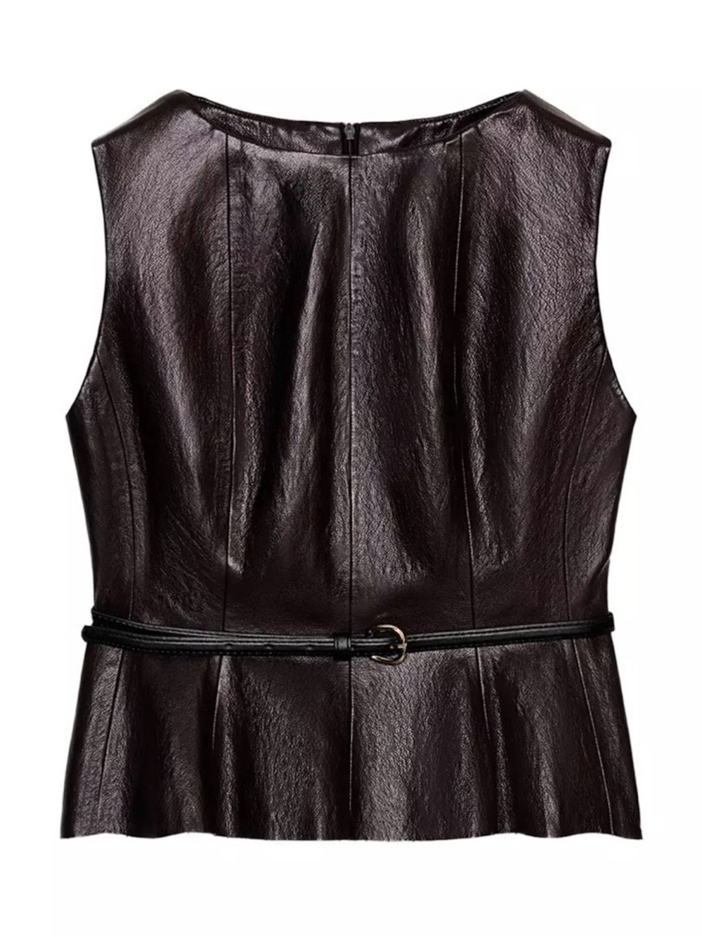 Zara Dark Brown Faux Leather Sleeveless Peplum Top with Belt